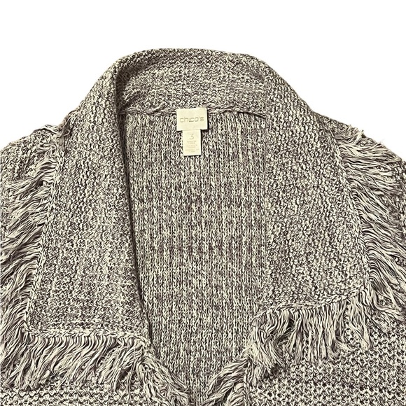 Chico’s Freida fringed open front cardigan in lilac and silver metallic thread - Picture 6 of 11